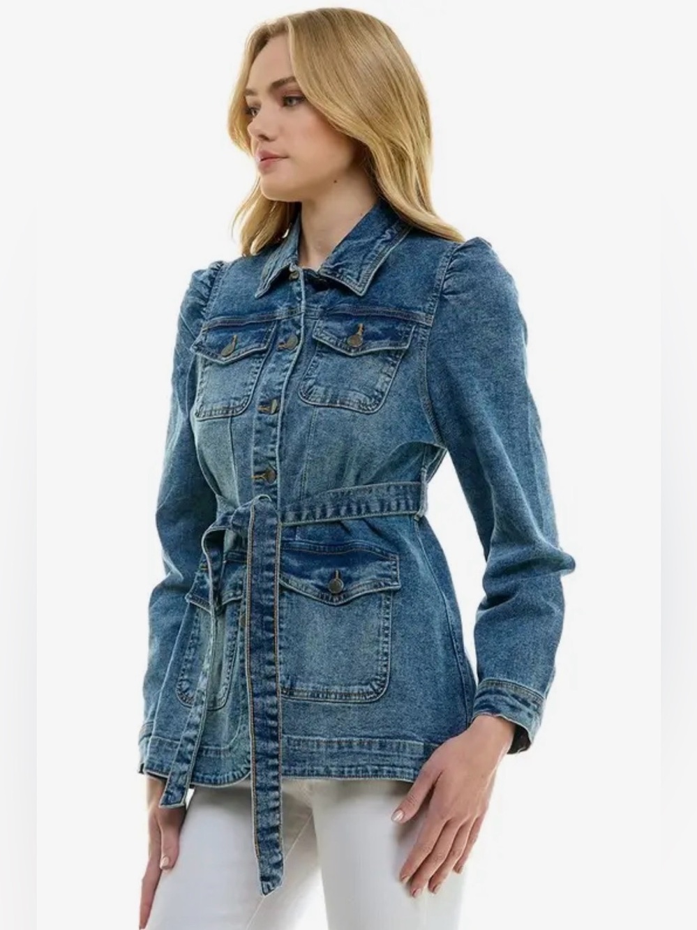 Elegant Belted Puff Sleeve Denim Jacket | SM129